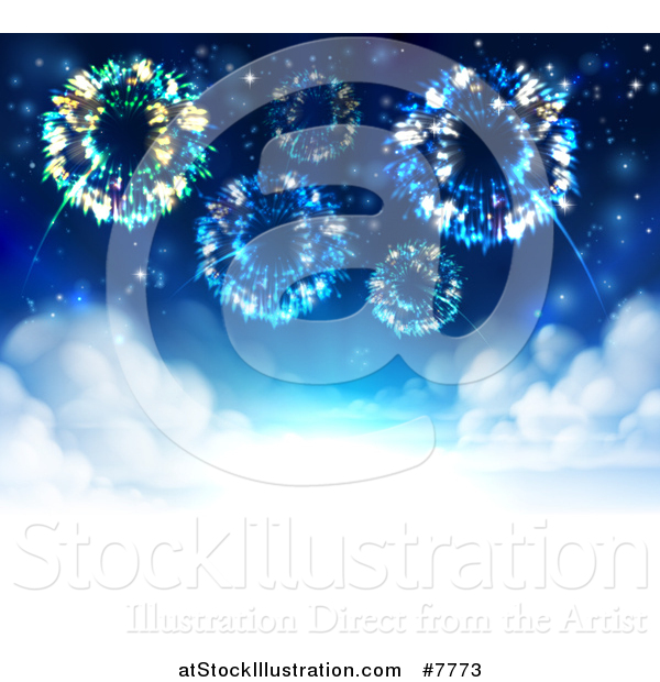 Vector Illustration of a Background of Fireworks Bursting in the Sky over Whtie Clouds with Text Space