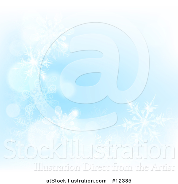 Vector Illustration of a Background of Winter Snowflakes and Flares on Blue