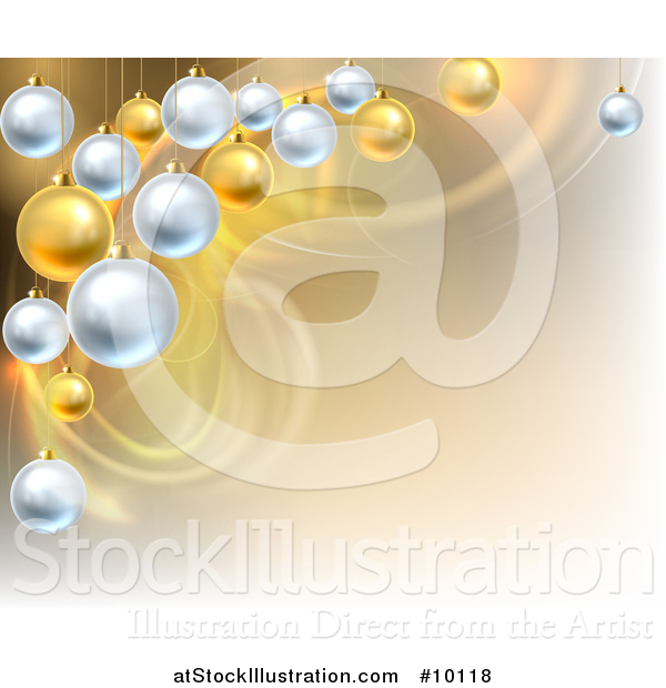 Vector Illustration of a Background with Swooshes and 3d Suspended Silver and Gold Christmas Bauble Ornaments