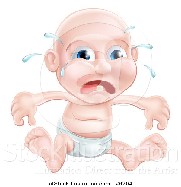 Vector Illustration of a Bald Blue Eyed Caucasian Baby Boy Sitting in a Diaper and Crying While Teething