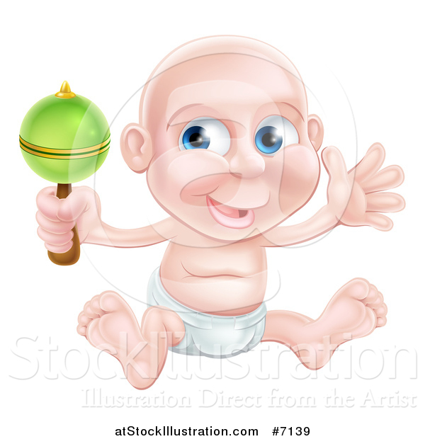 Vector Illustration of a Bald Blue Eyed White Baby Boy Sitting in a Diaper and Shaking a Rattle