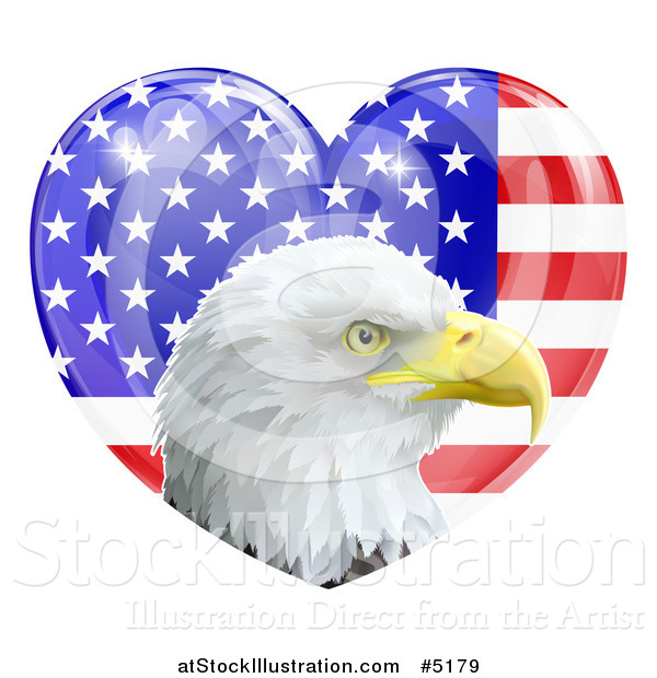 Vector Illustration of a Bald Eagle Head over a Shiny American Flag Heart