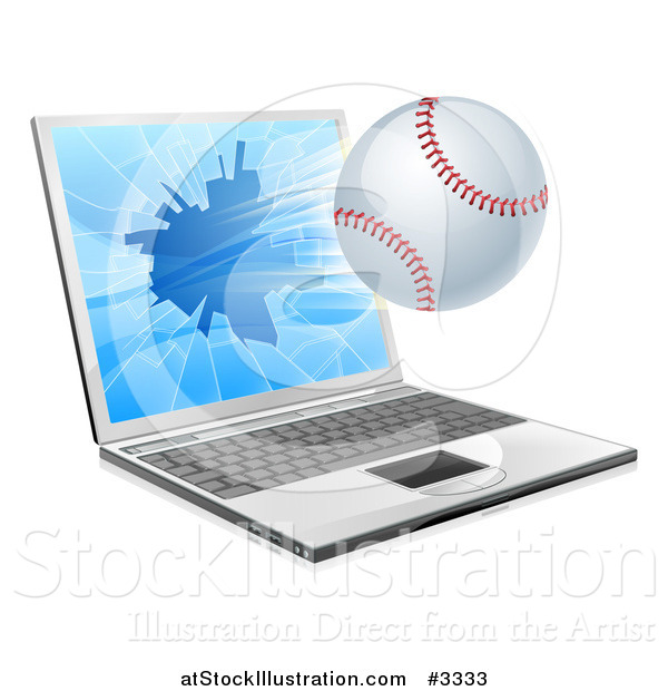 Vector Illustration of a Baseball Flying Through and Shattering a 3d Laptop Screen