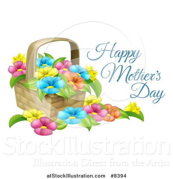 Vector Illustration of a Basket Full of Colorful Flowers and Happy Mothers Day Text