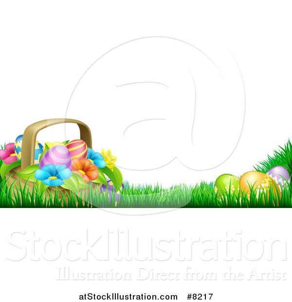Vector Illustration of a Basket of Easter Eggs and Flowers in Grass, with Text Space