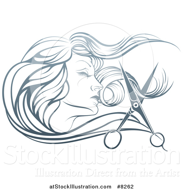 Vector Illustration of a Beatiful Woman's Face in Profile, with Long Hair and Scissors Snipping off a Lock