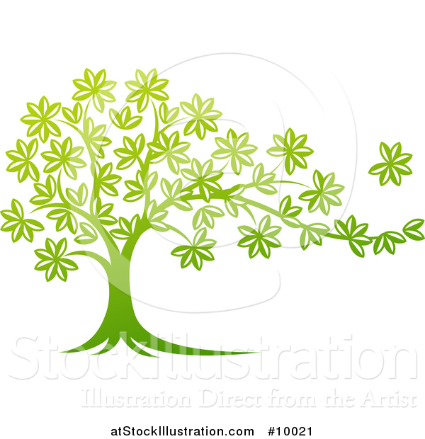 Vector Illustration of a Beautiful Gradient Green Tree with a Leaf Flying Away in the Breeze