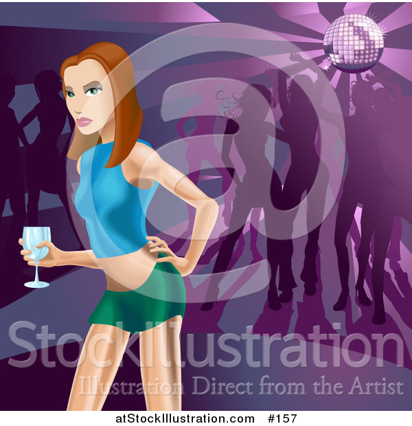 Vector Illustration of a Beautiful Young White Woman Holding an Alcoholic Beverage in a Night Club, People Dancing Under a Disco Ball in the Background