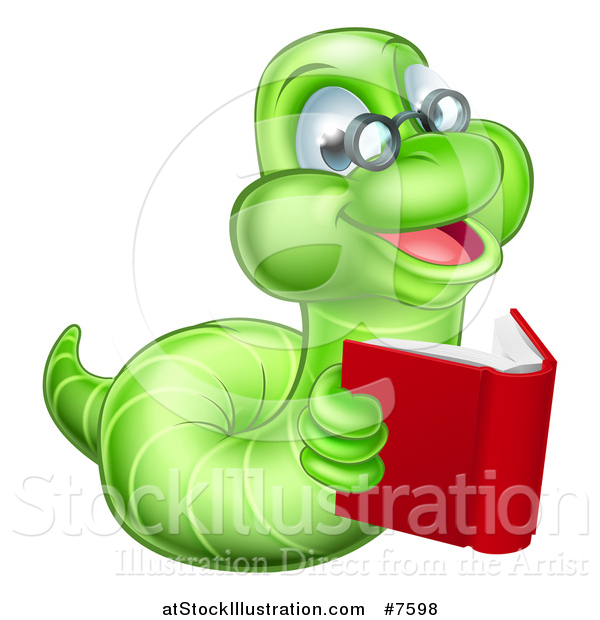 Vector Illustration of a Bespectacled Green Earthworm Holding a Book