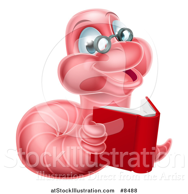 Vector Illustration of a Bespectacled Pink Earthworm Holding a Book