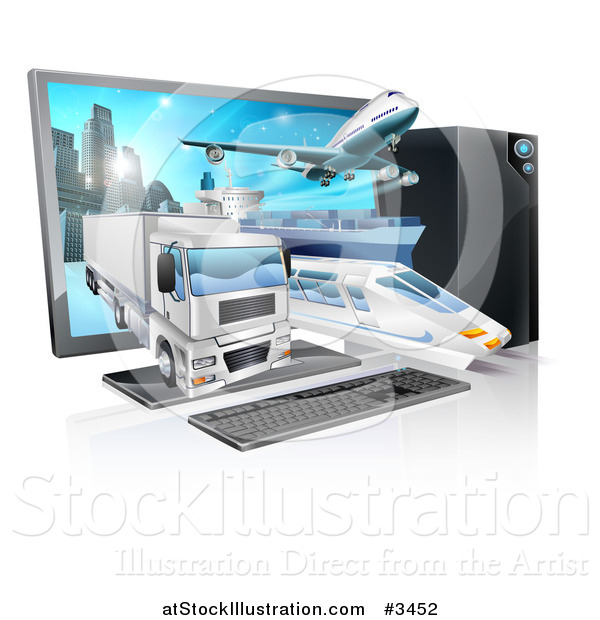 Vector Illustration of a Big Rig Airplane Cargo Ship and Train Emerging from a Desktop Computer