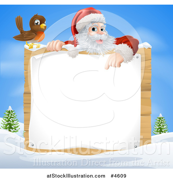 Vector Illustration of a Bird by Santa Pointing down at a Wood Sign in a Winter Landscape