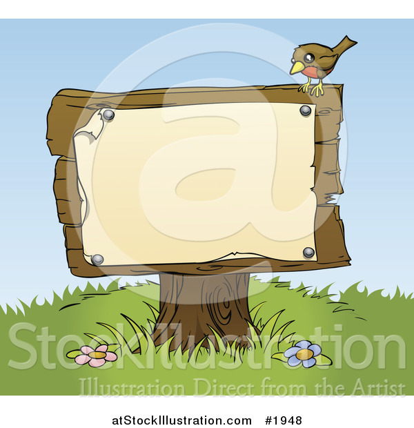 Vector Illustration of a Bird Resting on a Sign Post with a Blank Sign