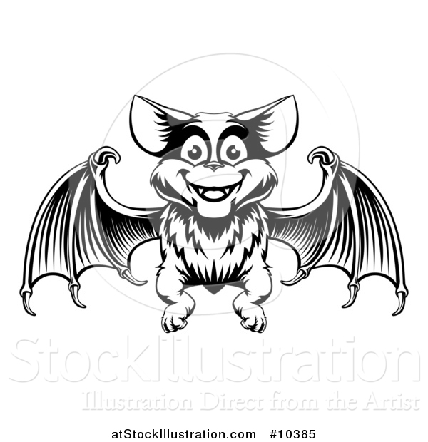 Vector Illustration of a Black Adn White Woodcut Flying Bat