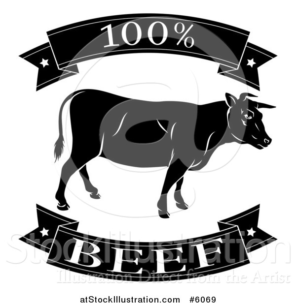 Vector Illustration of a Black and White 100 Percent Beef Food Banners and Cow