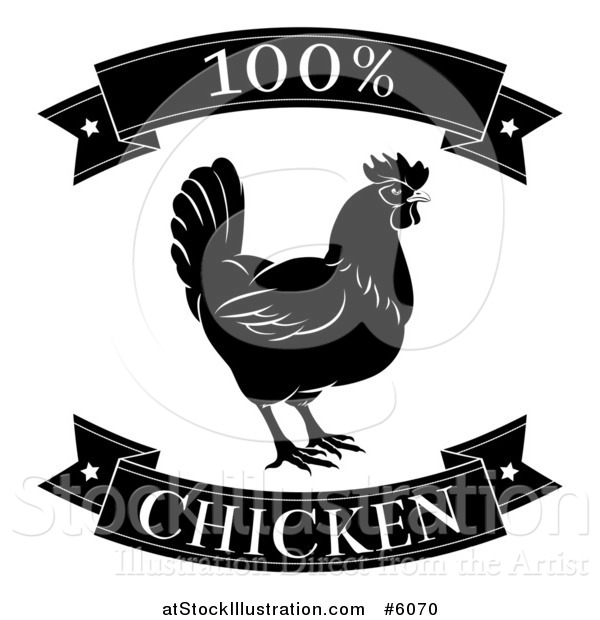 Vector Illustration of a Black and White 100 Percent Chicken Food Banners and Rooster