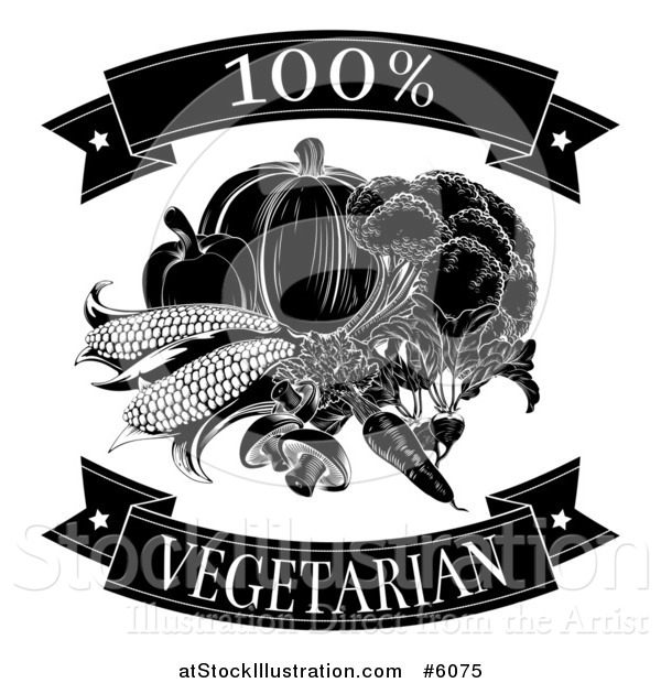 Vector Illustration of a Black and White 100 Percent Vegetarian Food Banners and Vegetables