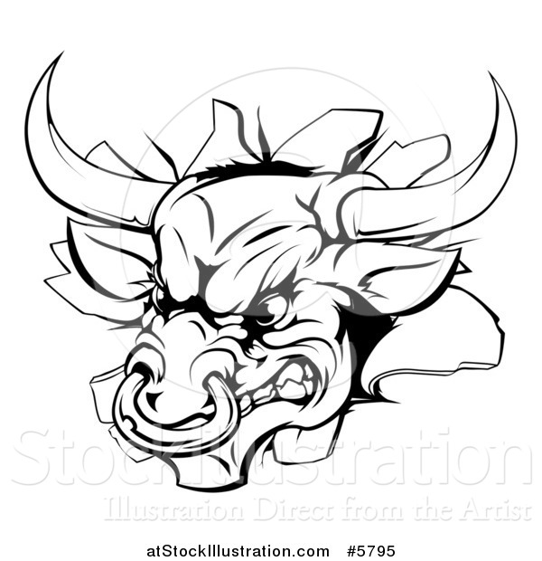 Vector Illustration of a Black and White Aggressive Bull Breaking Through a Wall