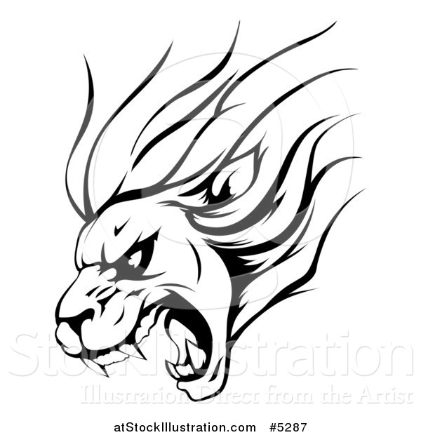 Vector Illustration of a Black and White Aggressive Roaring Lion Sports Mascot