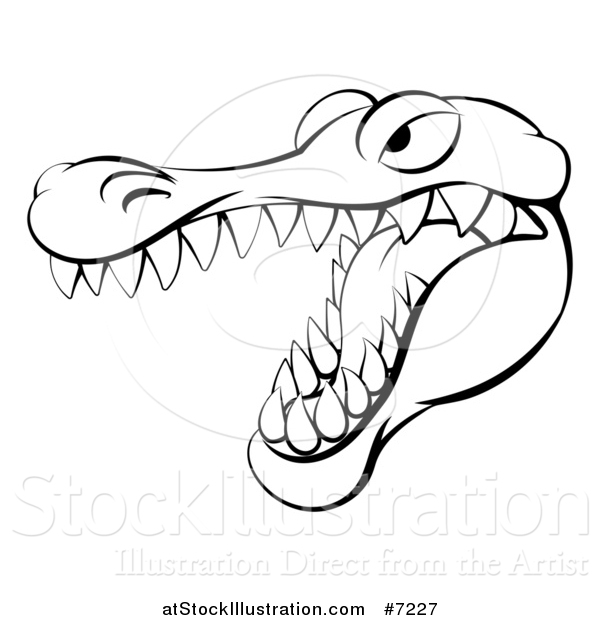 Vector Illustration of a Black and White Aggressive Snapping Alligator Mascot Head