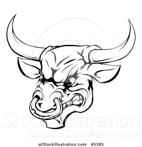 Vector Illustration of a Black and White Aggressive Snarling Bull