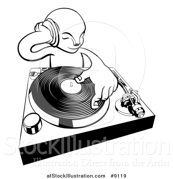 Vector Illustration of a Black and White Alien Dj at a Turntable