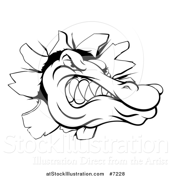 Vector Illustration of a Black and White Alligator or Crocodile Head Breaking Through a Wall