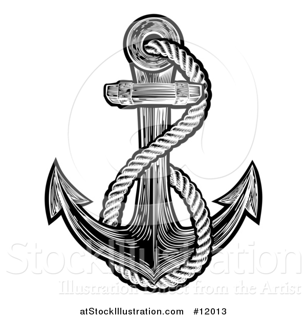 Vector Illustration of a Black and White Anchor with Rope in Tattoo Style