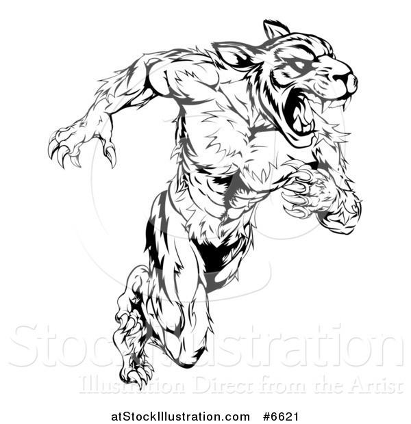 Vector Illustration of a Black and White Angry Fierce Muscular Sprinting Tiger Man Mascot