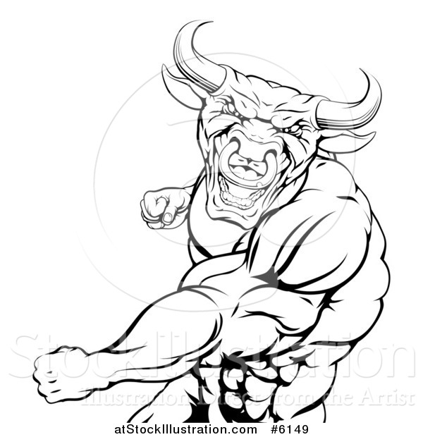Vector Illustration of a Black and White Angry Muscular Bull or Minotaur Man Mascot Punching
