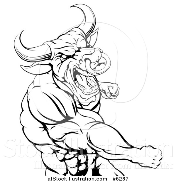 Vector Illustration of a Black and White Angry Muscular Bull or Minotaur Man Mascot Punching