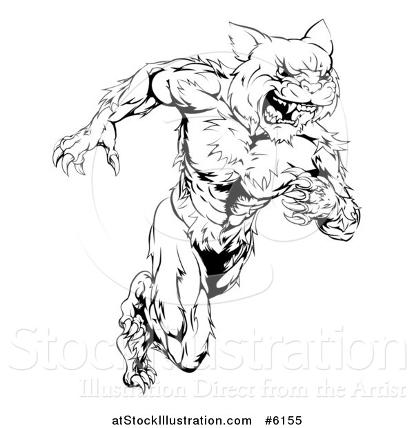 Vector Illustration of a Black and White Angry Muscular Wildcat Mascot Running Upright