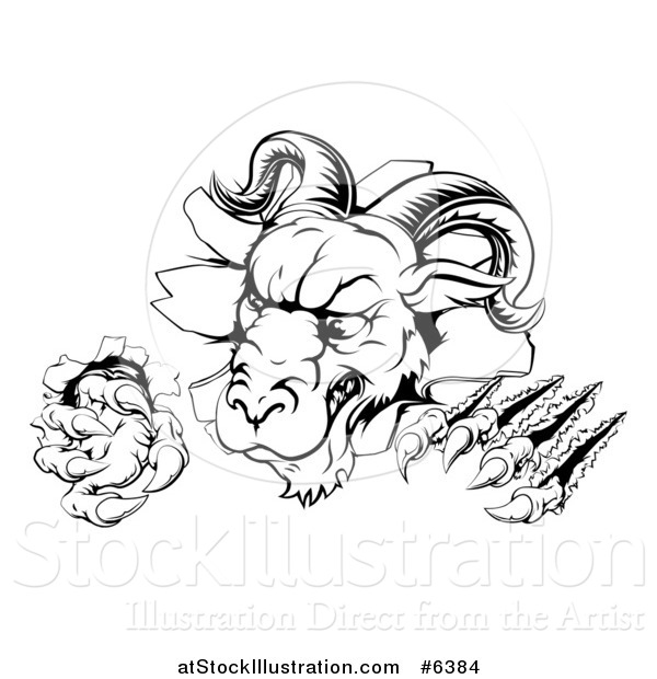 Vector Illustration of a Black and White Angry Ram Monster Clawing Through a Wall