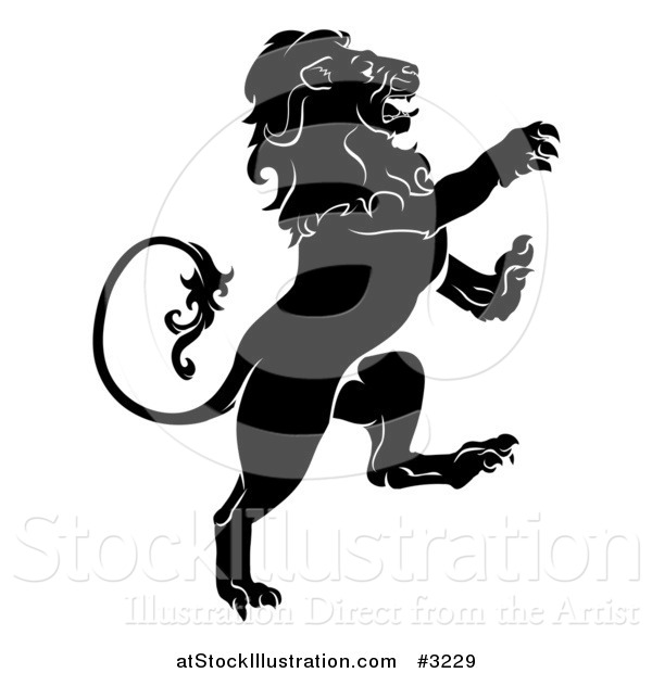 Vector Illustration of a Black and White Attacking Heraldic Lion