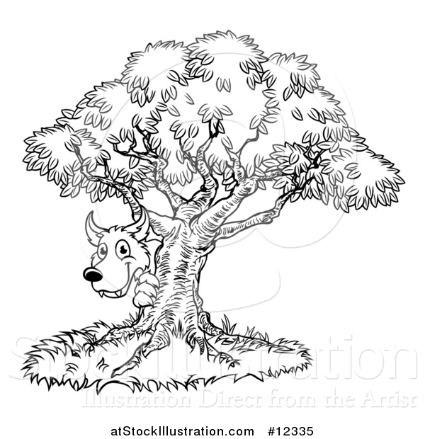 Vector Illustration of a Black and White Bad Wolf Peeking from Behind a Tree, the Three Little Pigs Story