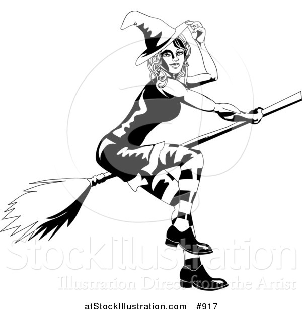 Vector Illustration of a Black and White Beautiful Young Witch Tipping Her Hat While Flying by on a Broom