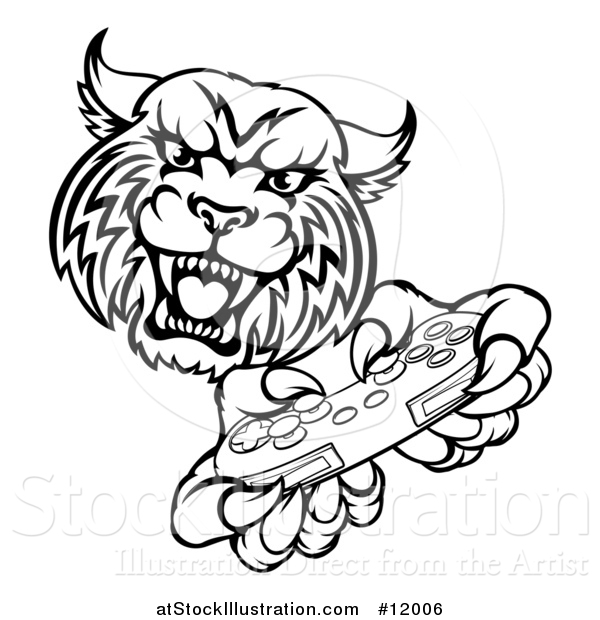 Vector Illustration of a Black and White Bobcat Mascot Playing a Video Game