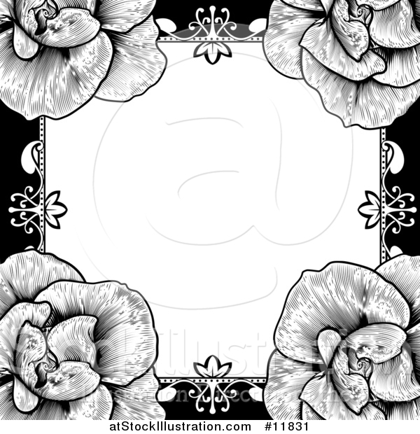 Vector Illustration of a Black and White Border or Wedding Invitation with Roses