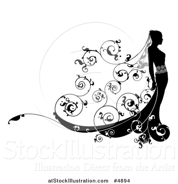 Vector Illustration of a Black and White Bride in Profile, with Floral Swirls