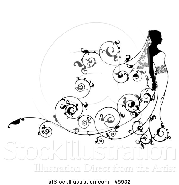 Vector Illustration of a Black and White Bride with Vine Swirls