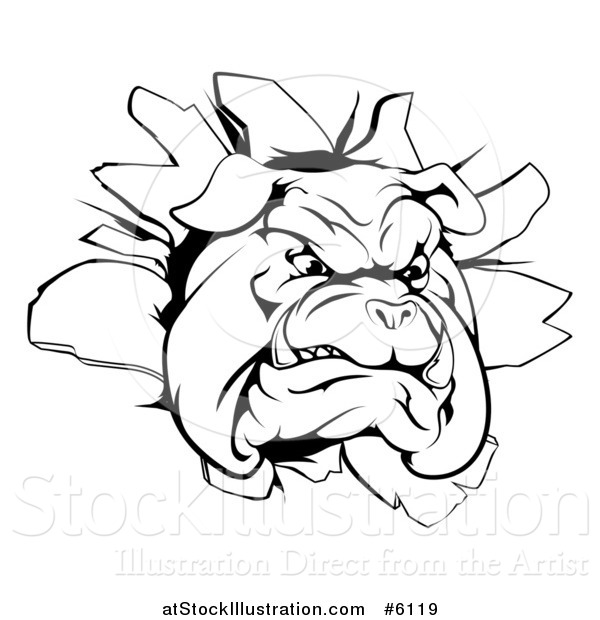 Vector Illustration of a Black and White Bulldog Breaking Through a Wall