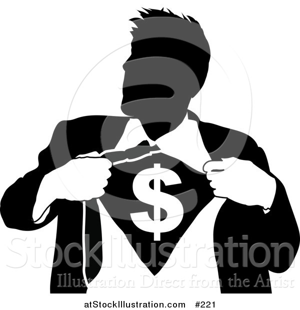 Vector Illustration of a Black and White Business Man Ripping Open His Shirt to Show a Dollar Sign