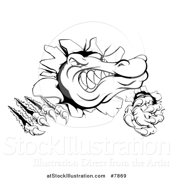 Vector Illustration of a Black and White Cartoon Alligator or Crocodile Monster Slashing Through a Wall