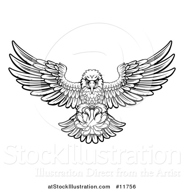 Vector Illustration of a Black and White Cartoon Swooping American Bald Eagle with a Basketball in His Talons