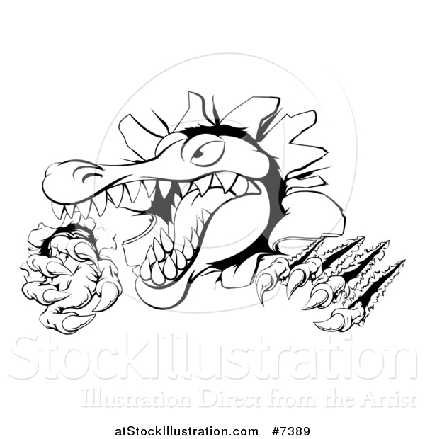 Vector Illustration of a Black and White Cartoon Vicious Alligator or Crocodile Monster Slashing Through a Wall