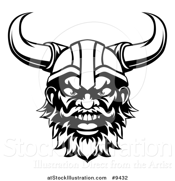 Vector Illustration of a Black and White Cartoon Yelling Male Viking Warrior Face