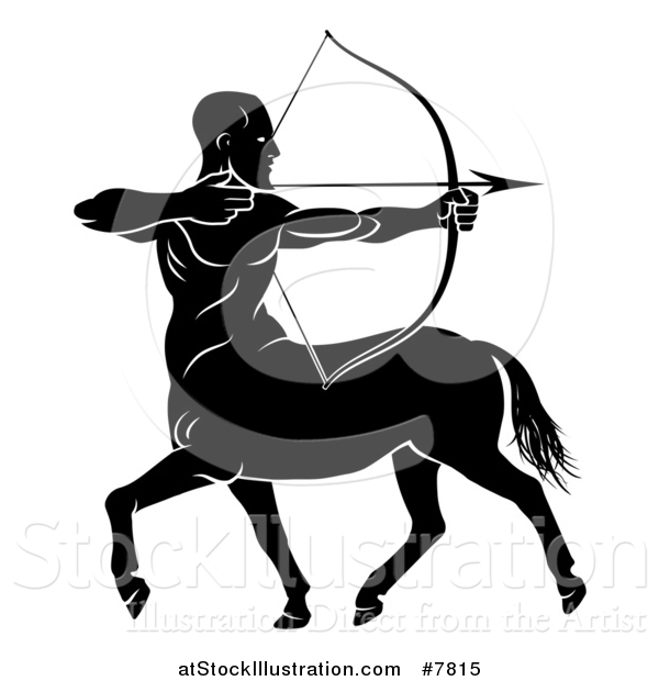 Vector Illustration of a Black and White Centau Archer, Half Man, Half Horse, Aiming to the Right