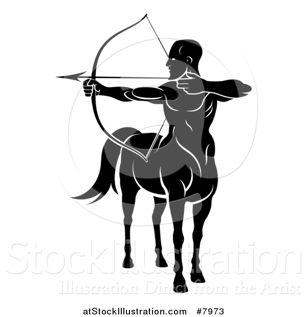 Vector Illustration of a Black and White Centaur Archer, Half Man, Half Horse, Aiming to the Left