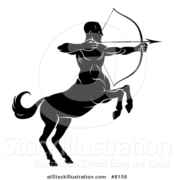 Vector Illustration of a Black and White Centaur Archer, Half Man, Half Horse, Aiming to the Right