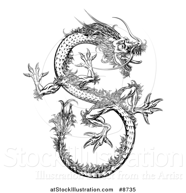 Vector Illustration of a Black and White Chinese Dragon Flying